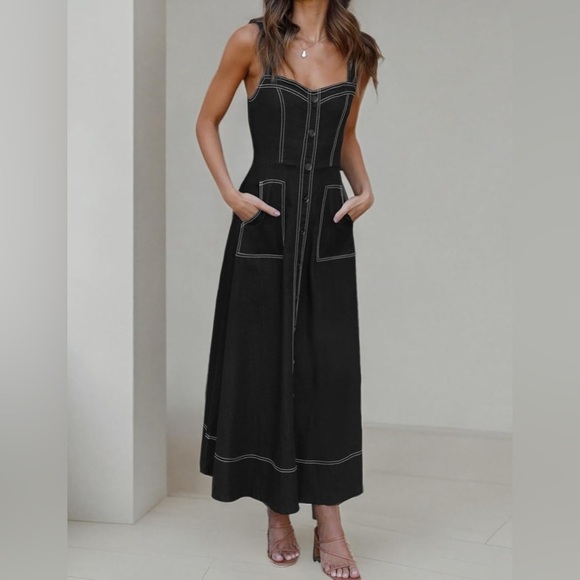 NWOT Denim Dress Sleeveless Adjustable Straps A Line Maxi Dress with Pockets - Picture 6 of 15